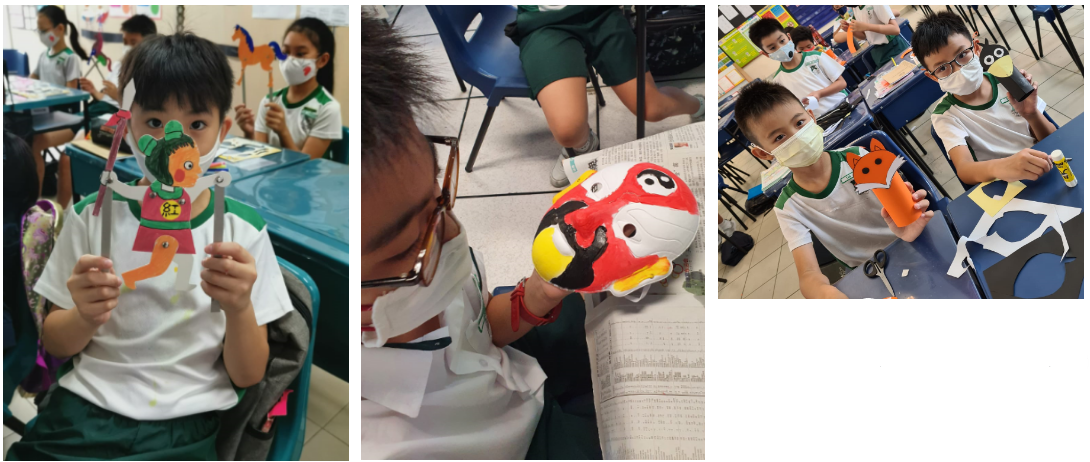 Children in masks hold handmade crafts: a puppet, a painted face mask, and a fox figure in a classroom.